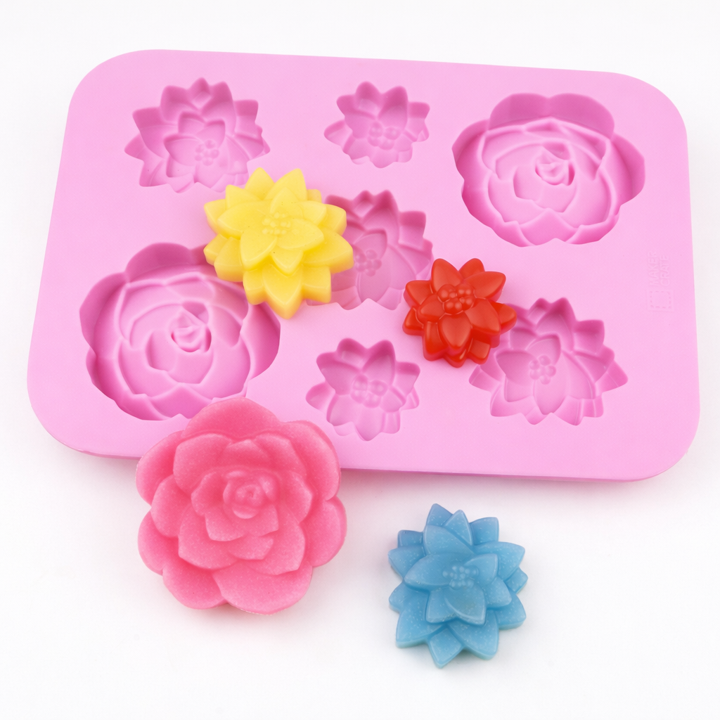 6 Cavity Flower Silicone Mold – Rose & Succulent Candle & Soap Making Mold