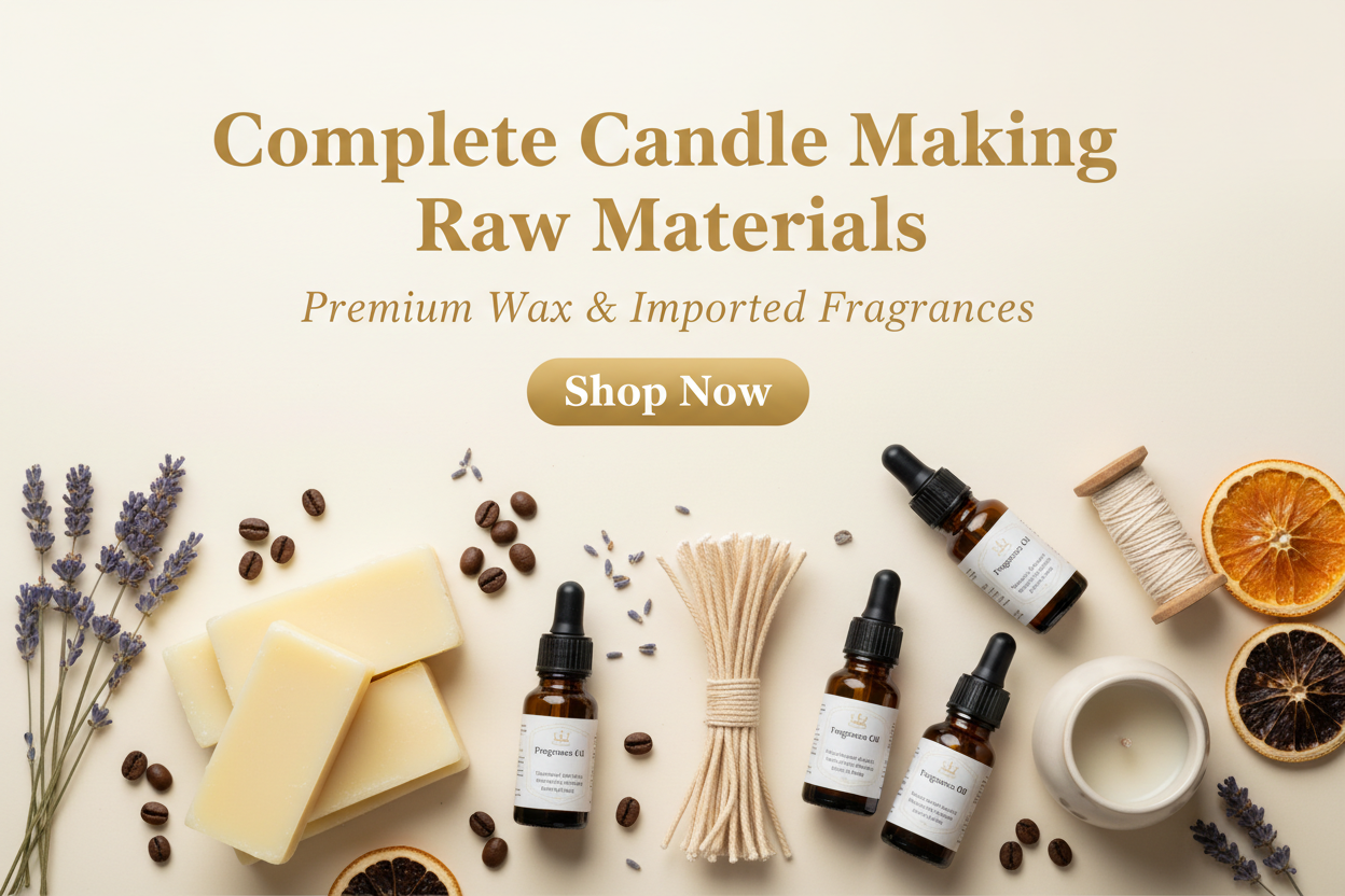 candle making raw materials banner Heading field:
Complete Candle Making Raw Materials make it mobile and PC responsive must

Subheading field:
Premium Wax & Imported Fragrances

Button:
Shop Now 